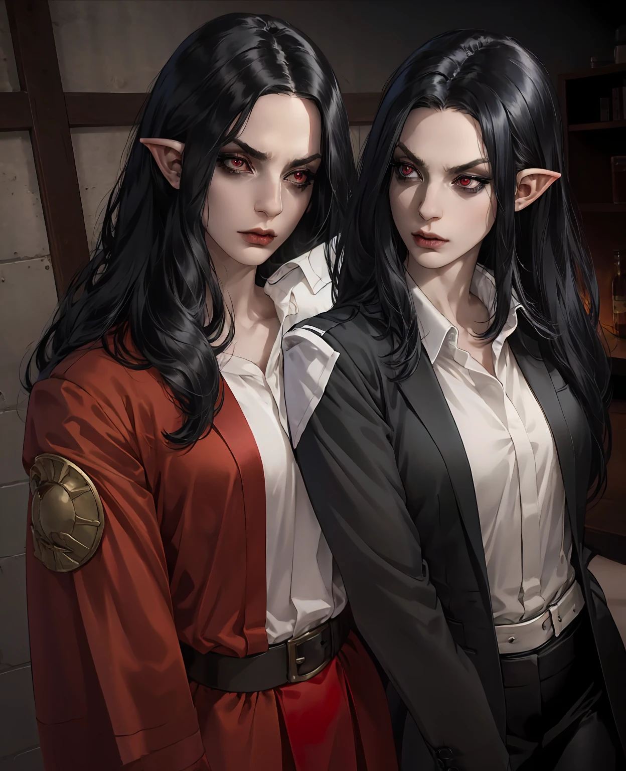 a devilish woman with black hair, pale skin, and red eyes, wearing an elf-like costume, in a dark and mysterious setting, (best quality,4k,8k,highres,masterpiece:1.2),ultra-detailed,(realistic,photorealistic,photo-realistic:1.37),highly detailed face, detailed skin, detailed eyes, detailed hair, detailed costume, dark lighting, mysterious atmosphere, dramatic lighting, moody lighting, dark background, fantasy, dark fantasy, supernatural, horror, concept art