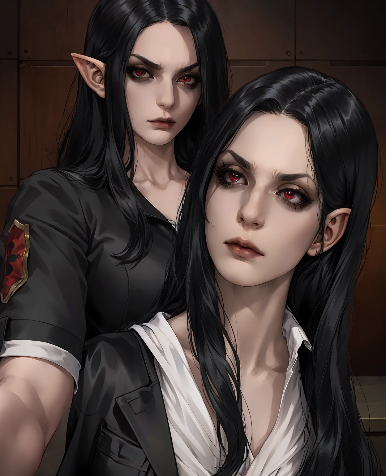 a devilish woman with black hair, pale skin, and red eyes, wearing an elf-like costume, in a dark and mysterious setting, (best quality,4k,8k,highres,masterpiece:1.2),ultra-detailed,(realistic,photorealistic,photo-realistic:1.37),highly detailed face, detailed skin, detailed eyes, detailed hair, detailed costume, dark lighting, mysterious atmosphere, dramatic lighting, moody lighting, dark background, fantasy, dark fantasy, supernatural, horror, concept art