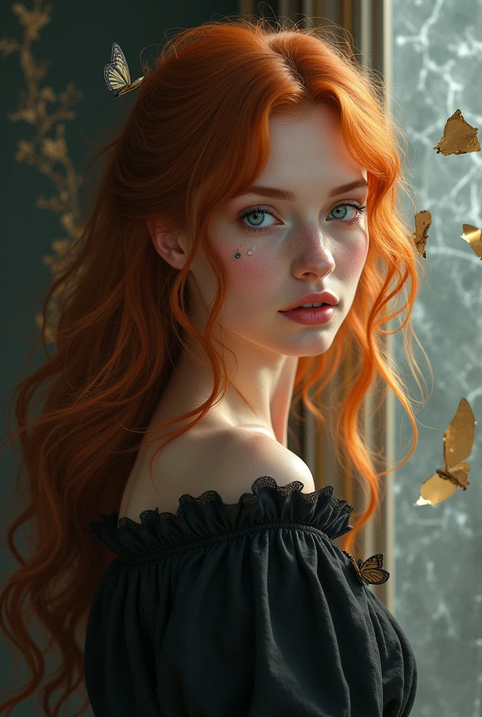 (solo, full body photo:1.3), (action packed:1.3), (haze, fog, mist:1.3), chiaroscuro, best quality, photorealistic, 1woman, (cute), (24yo:1.2), redhead, long ginger hair highly detailed, 1700'S, digital photography, art by artgerm and ruan jia and greg rutkowski surreal painting gold butterfly filigree, broken glass, (masterpiece, sidelighting, finely detailed Fashionable eyes: 1.2) (perfect oval large eyes that gazes at the viewer), beautiful detailed face, blue gorgeous perfect eyes, (blonde hair ponytail), (attractive young woman:1.3), (thick amazing hair), (seductive:1.1), (blushing:1.1)