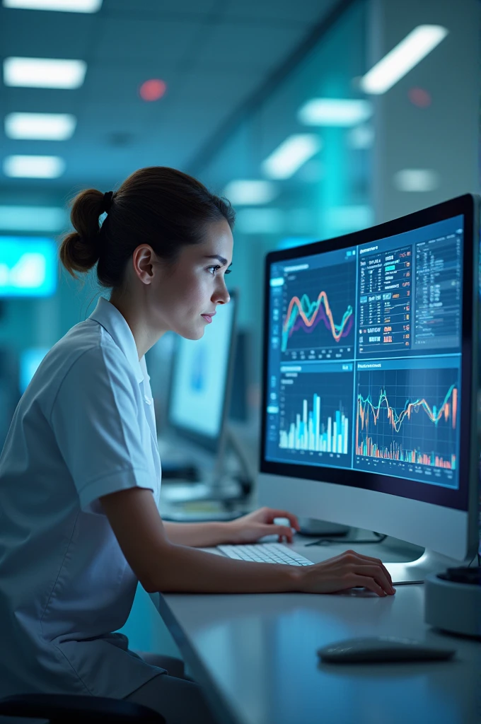 a nurse reviewing data on a computer, with graphics and numbers on the screen.
