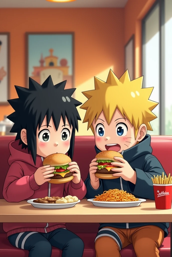 Sasuke Uchiha and Naruto uzumaki ??? version eating burgers spaghetti and fries at Jollibee 
