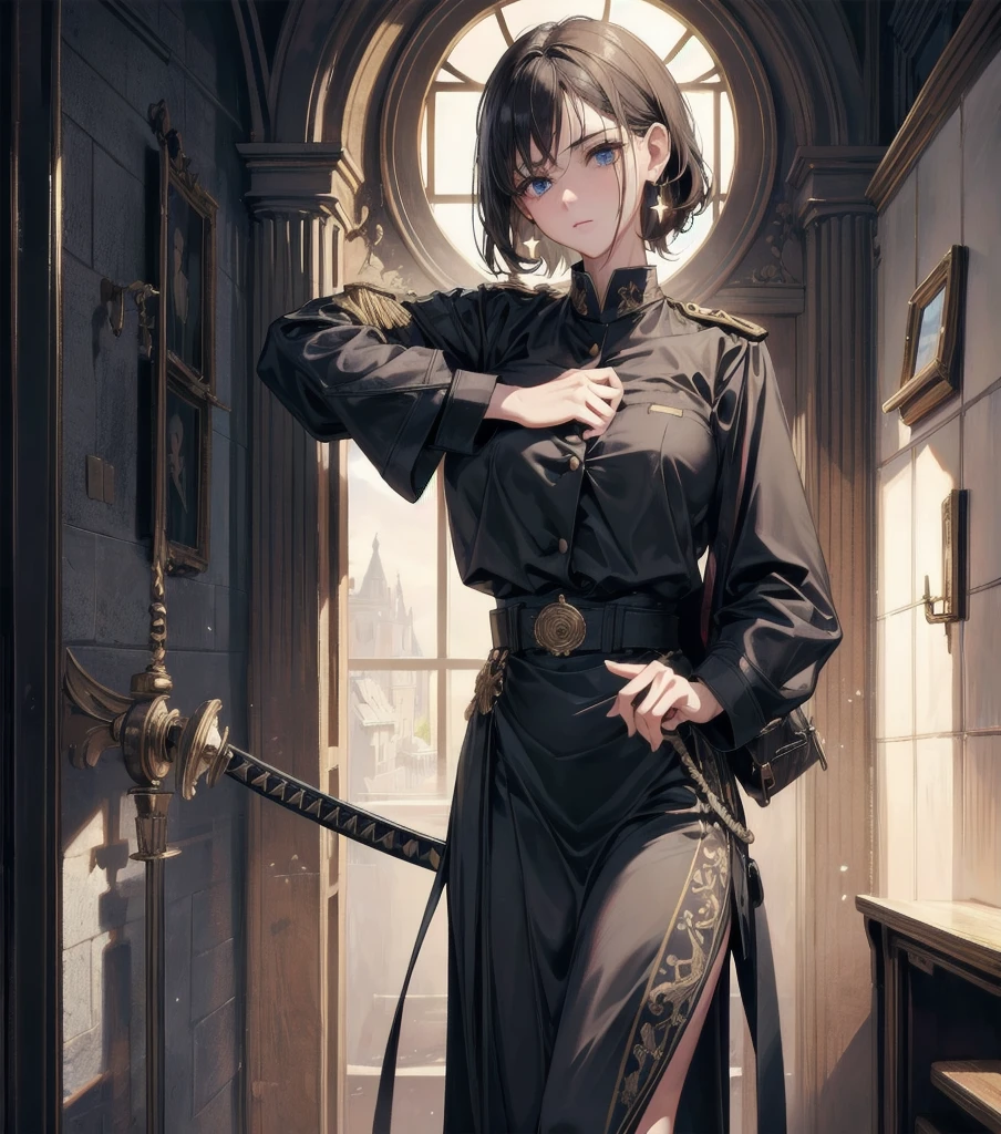 absurdres, RAW photo, extremely delicate and beautiful, masterpiece, Best Quality, ultra high resolution, 32k, hyper realistic, ultra-detailed, Very detailed CG 8k wallpaper, detailed background, landscape, Beautiful Lighting, Perfect Lightning, Realistic Shadows, perfect anatomy, anatomically correct, ideal ratio body proportions, perfect figure, Perfect Style, Perfect balance, super Detailed skin, in her 30s, very Slim body, narrow waist, very small head, very small face, delicate facial features, handsome detailed woman, very detailed eyes and face, realistic face proportions, Realistic beautiful face, Realistic beautiful eyes, tearful mole, earring, cowboy shot, very huge round tits, medium short hair, asymmetrical hair, wavy hair, indoor, long military uniform jacket, holding broad katana, school_uniform, skirt, dress shirt,