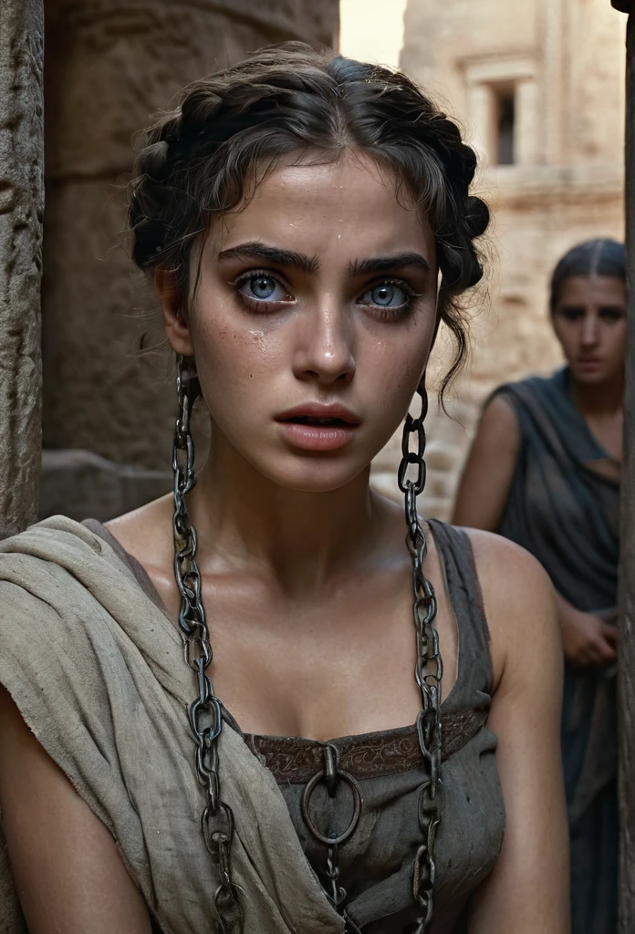  females slave, extremely detailed face and eyes, large expressive eyes, beautiful detailed lips, long eyelashes, delicate facial features, expression of fear and desperation, chained wrists, tattered clothes, slave market stall, ancient roman architecture, stone pillars, dimly lit interior, dramatic lighting, muted color palette, realistic rendering, cinematic composition, masterpiece, (best quality,8k,highres,masterpiece:1.2),ultra-detailed,(realistic,photorealistic,photo-realistic:1.37)