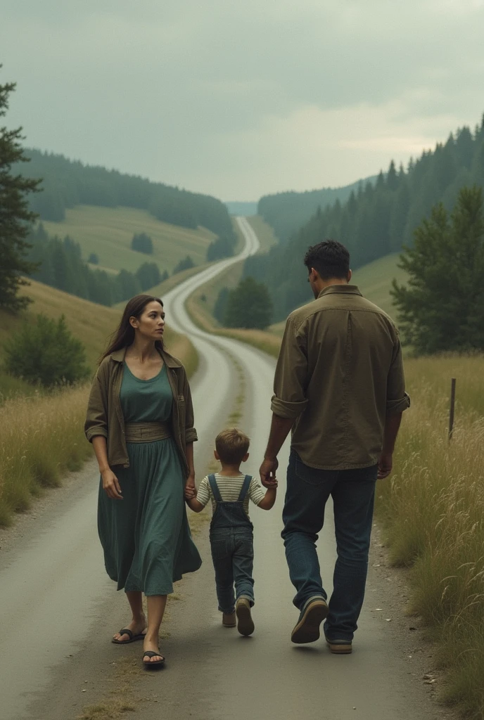 Creates a woman with her son walking down a road and leaving her husband behind