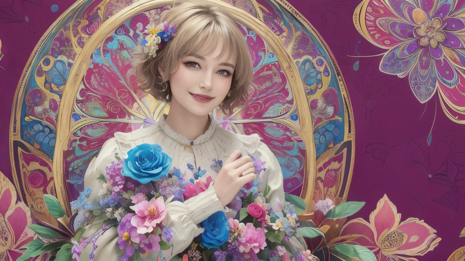 271 (20-year-old woman,short hair), (masterpiece, Highest quality, beautiful:1.2), Very detailed, (Fractal Art:1.1), (colorful:1.1), (flower:1.3), whole body, (Abstract background:1.3), (Many colors:1.4), (Old-fashioned smile), (window)