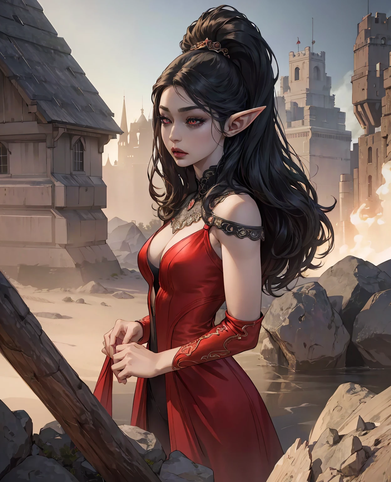 a devilish woman with black hair, pale skin, and red eyes, beautiful detailed eyes, beautiful detailed lips, extremely detailed eyes and face, longeyelashes, wearing an elf-like costume, in a dark and mysterious setting, dark fantasy, dark magic, dramatic lighting, cinematic,chiaroscuro,dramatic atmosphere,(best quality,4k,8k,highres,masterpiece:1.2),ultra-detailed,(realistic,photorealistic,photo-realistic:1.37)