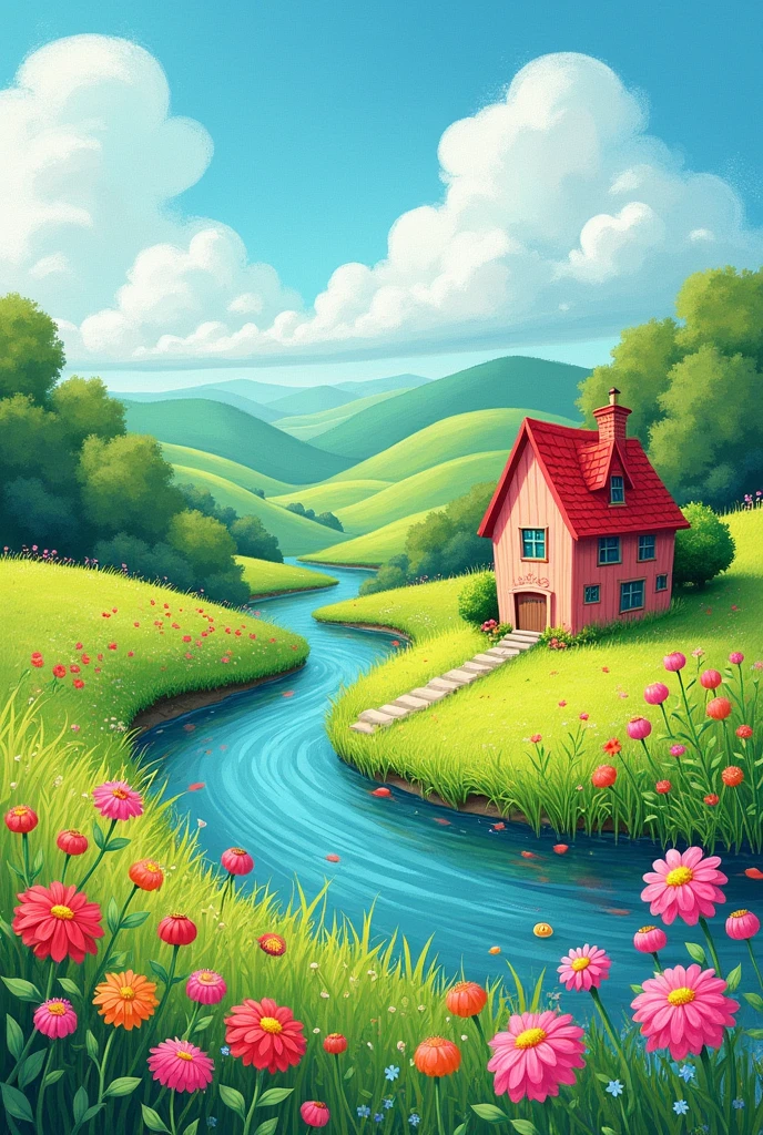 Field painted in crayons with a house, few flowers and a river with a landscape in the background. 

