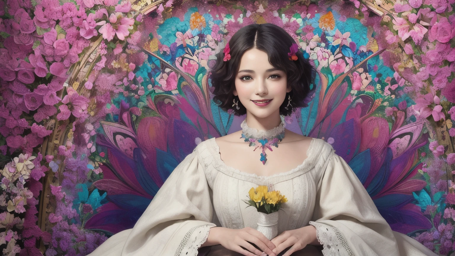 271 (20-year-old woman,short hair), (masterpiece, Highest quality, beautiful:1.2), Very detailed, (Fractal Art:1.1), (colorful:1.1), (flower:1.3), whole body, (Abstract background:1.3), (Many colors:1.4), (Old-fashioned smile), (window)