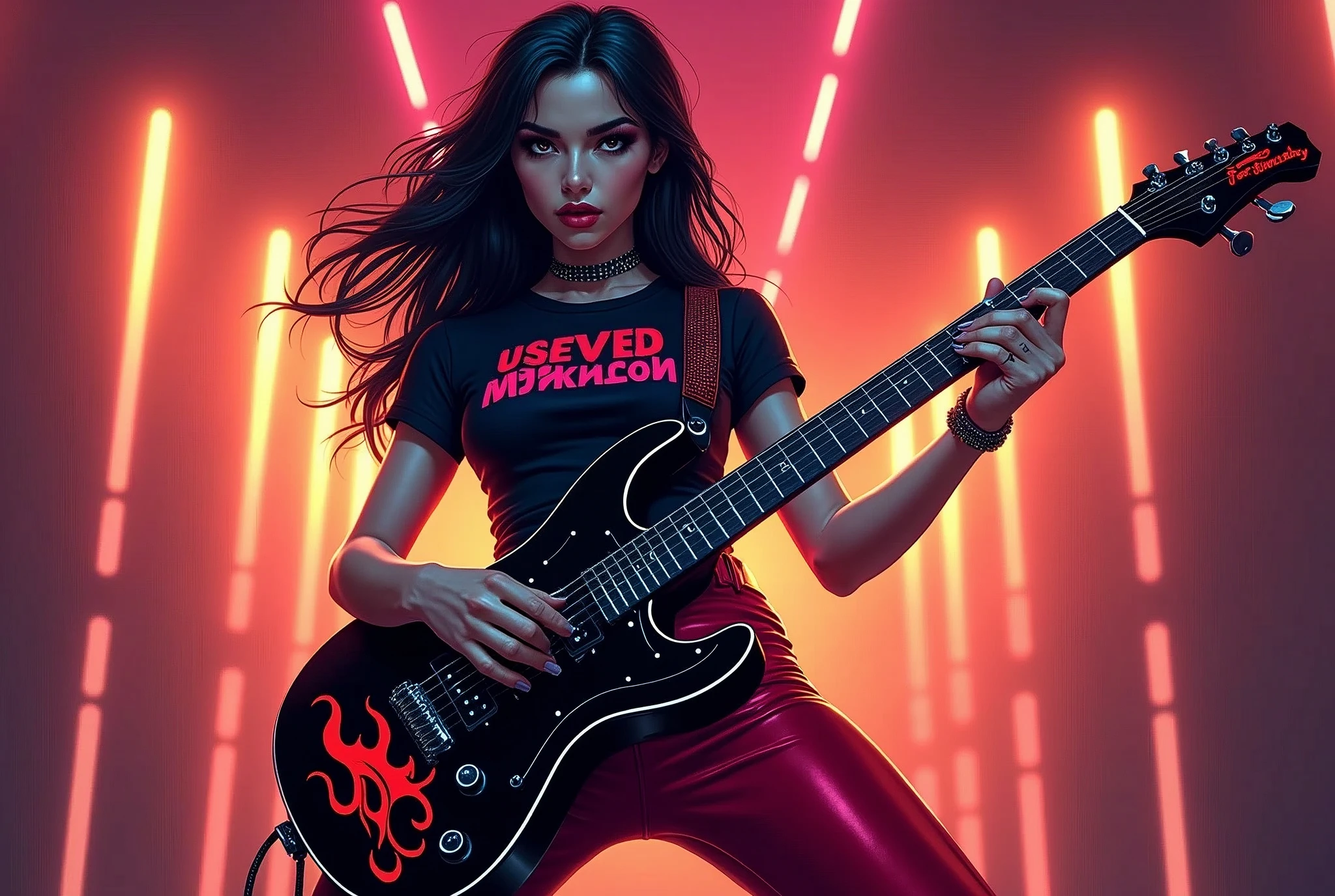 The image depicts a sexy Woman with hourglass body and hug tits playing an electric guitar, which is a musical instrument characterized by its electronic sound production. The guitar has a distinctive Glossy black with red and orange flames on it, which is not typical for such instruments and suggests a custom design or personalization. The individual's attire includes a black t-shirt with neon red text in a 3D font that spells out "kling AI Rocks", she is wearing tight red leather pants. The presence of the guitar and the attire of the person implies a context of music performance in a rock genre. vector art and pop art in the background that depict sound waves flowing thru the air visual effect to enhance the rock aesthetic, glowing neon light, Pop art