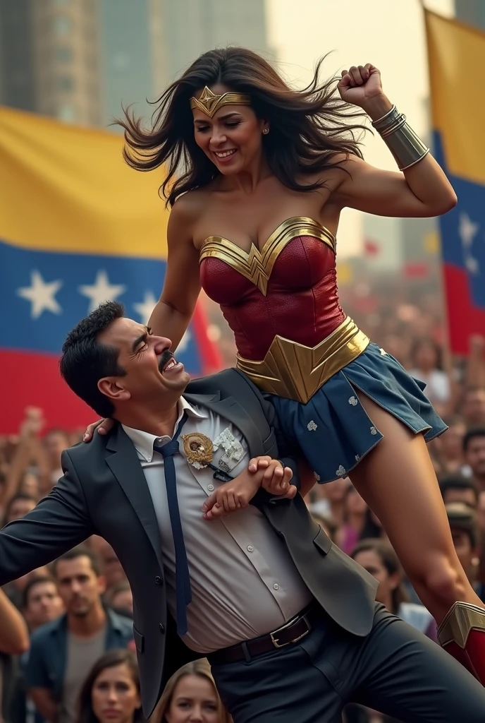 Generates Nicolás Maduro being beaten by María Corina Dressed as Wonder Woman dressed as Venezuela