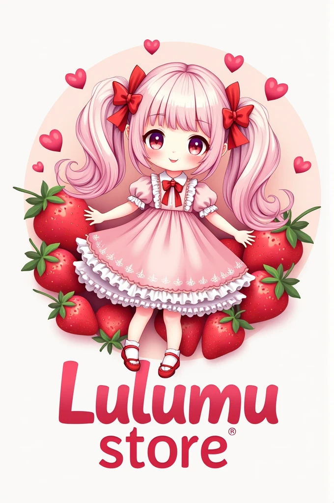 Create a logo for a brand called "Lulumu Store" that has pink colors, red , white, Strawberries drawn around and a girl with pastel pink hair dressed as a lolita 