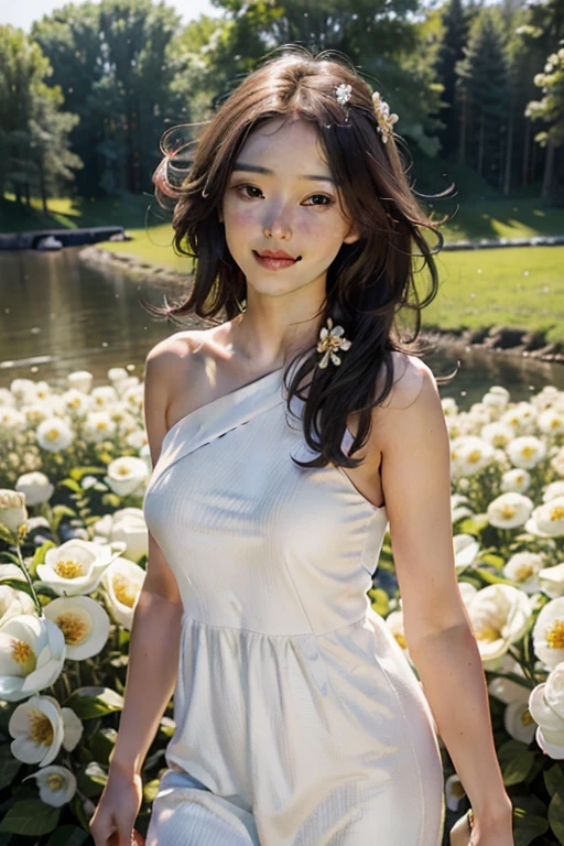 Best quality, masterpiece, ultra high resolution, (photorealistic:1.4), RAW photo, 1 girl, White dress, from the shoulder, Blooming flower field, Radiant skin, slight smile