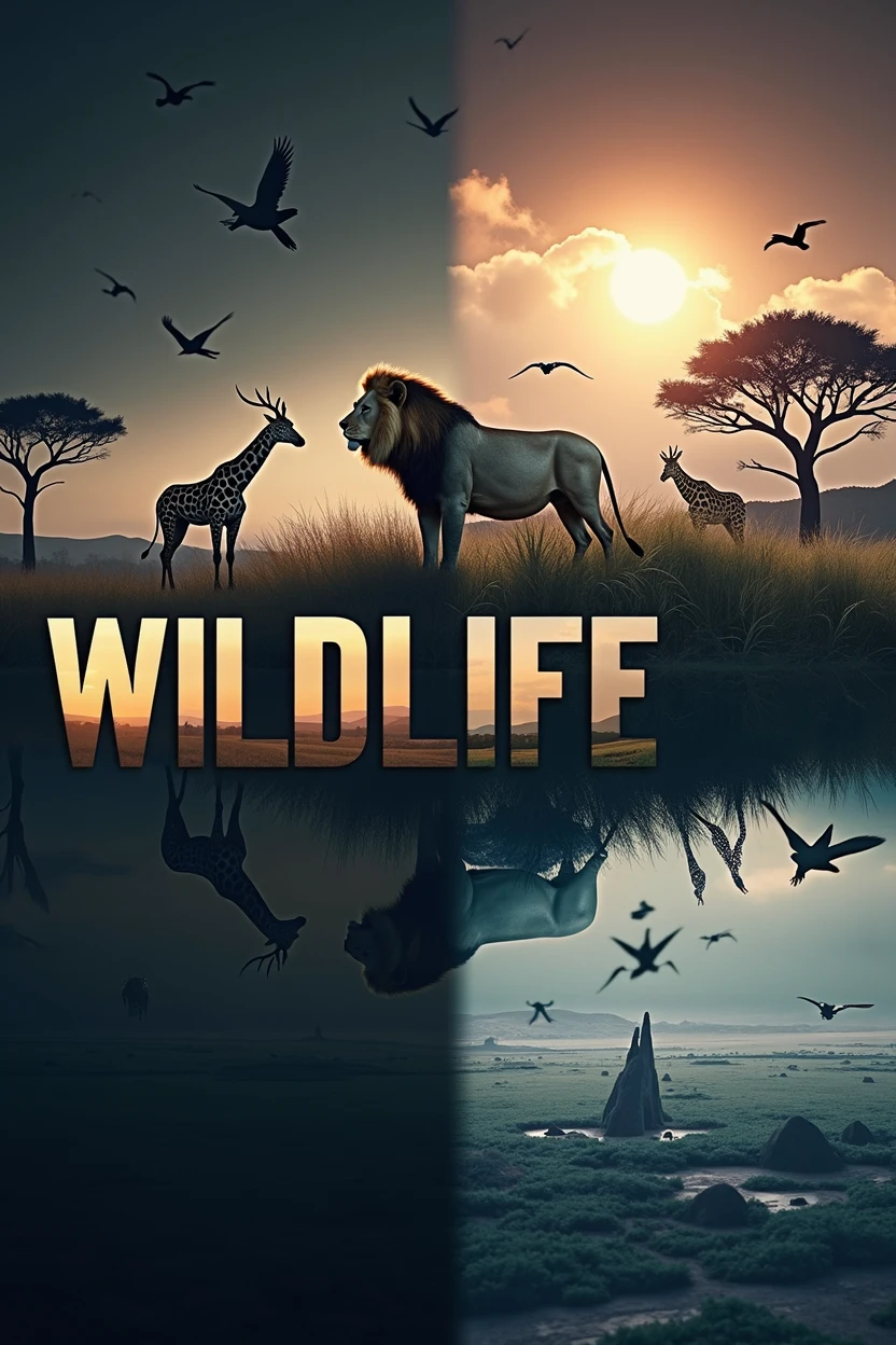 ((Double Exposure)) ((Photography)) of the ((Lions, antelopes, giraffes)) and ((grass and trees)) and ((birds flying in the sky)) blending together in the word ((WILDLIFE)), artfully captured with a ((70mm lens)) on a ((clear sunny day)), intricate details and ((hyperrealistic)) patterns that draw the eye, providing a unique and creative way to showcase this breathtaking scene. ((Unreal Engine 5)) ((Rendered))