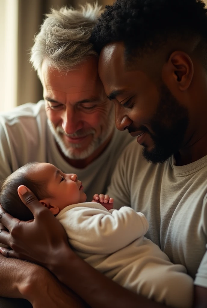 Two men side by side, one is white with light hair aged 50 years old both, another is dark-skinned with short black hair, They are holding a baby.