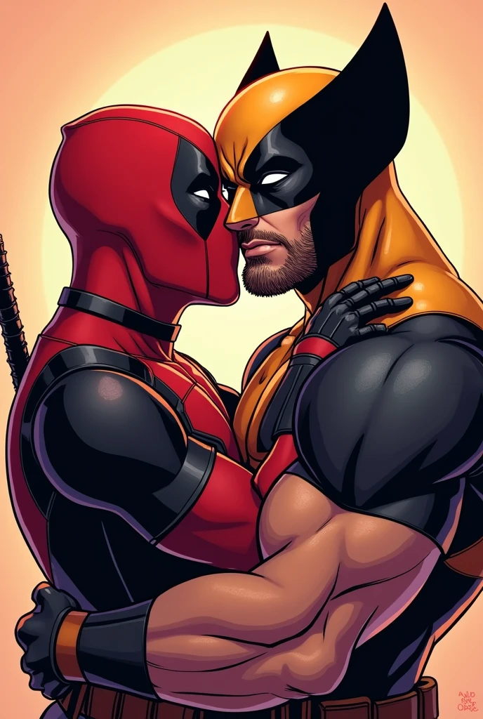 Create a vibrant, close-up comic-style illustration of Deadpool and Wolverine in an affectionate embrace. Show Deadpool gently kissing Wolverine on the cheek, with both characters displaying warmth and intimacy. Use clean lines and bold colors to highlight the contrast between Deadpool's red and black costume and Wolverine's rugged attire. The background should enhance the tender mood, using soft, warm hues to create a cozy, loving atmosphere.
