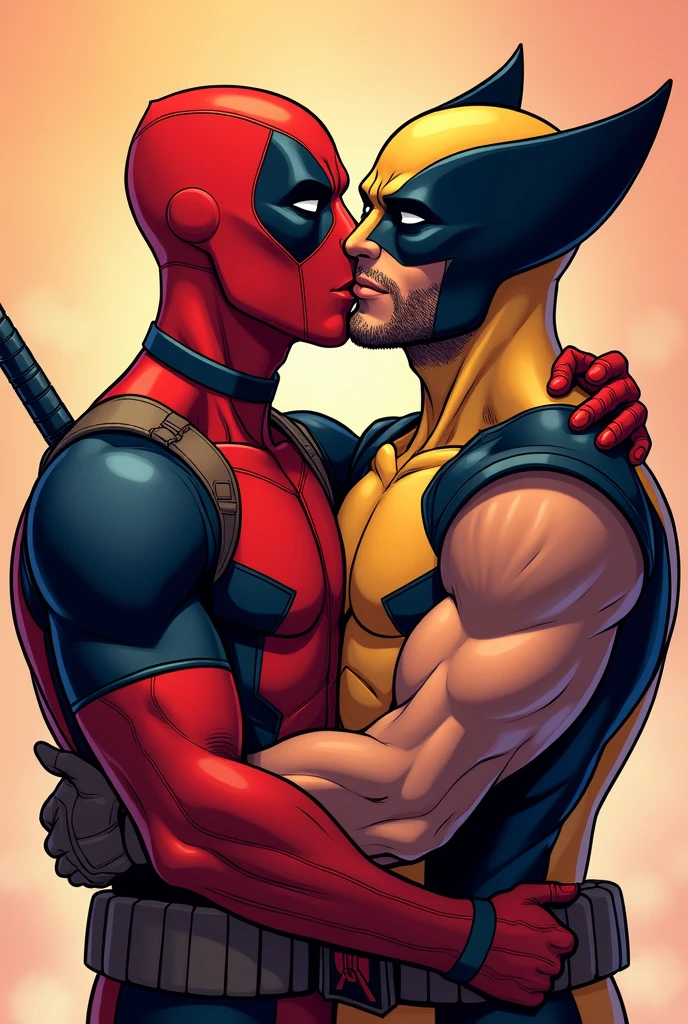 Create a vibrant, close-up comic-style illustration of Deadpool and Wolverine in an affectionate embrace. Show Deadpool gently kissing Wolverine on the cheek, with both characters displaying warmth and intimacy. Use clean lines and bold colors to highlight the contrast between Deadpool's red and black costume and Wolverine's rugged attire. The background should enhance the tender mood, using soft, warm hues to create a cozy, loving atmosphere.