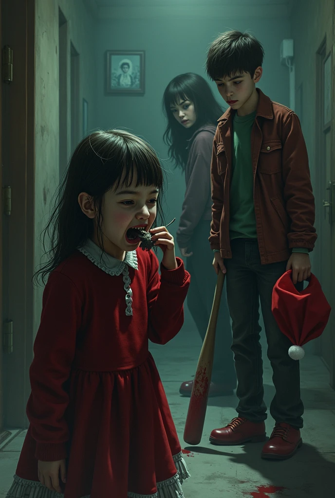 Create a horror movie cover called: "christmas sangria" of a age girl crying and chewing on a mouse, a nerdy teen with a bloody bat and holding a Christmas hat and his parents in the background