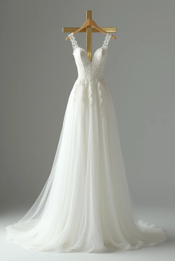 Only a white wedding dress hangs from a gold Andre Cross object., X pattern, back ground gray,(foreshortening, Canon, anatomically correct, super detail, high details, highness)