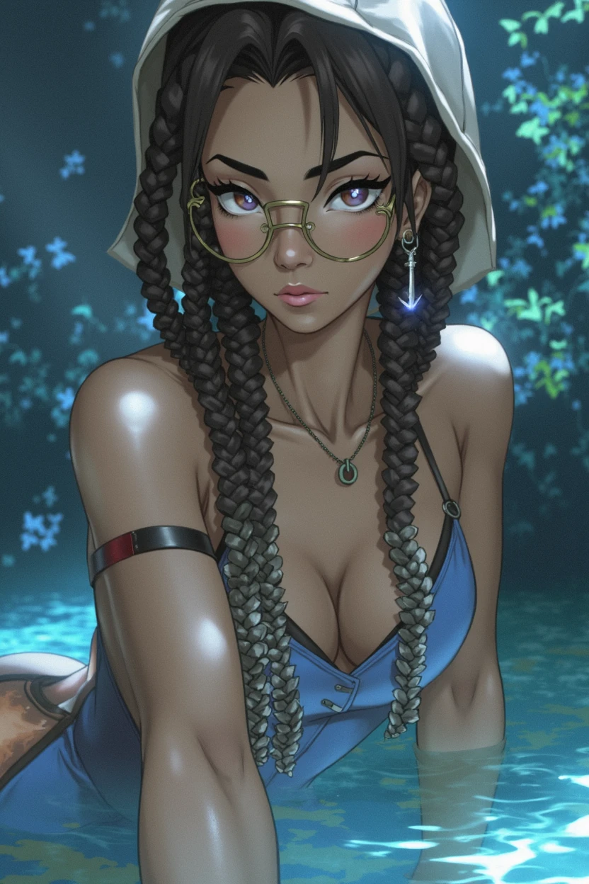 Hyper risography realism, hyper-hd, fullbody, close up, wink, volumetric lighting,god hour, sharp gradients, deep highlights, aesthetic, absurdres,masterpiece, best quality, expressive eyes, perfect face,perfect eyes, perfect anatomy, perfect woman, lean forward,{{ fingerless gloves, thigh boots, cropped jacket, short sleeves, orange jacket, frilled dress, green sleeveless dress, spiked bracelet, spiked hairband, spiked collar, scorpion print thighhighs, spikes}}, {{{ large breasts, hair between eyes, defined sensual muscle, bubble butt abs, wide hips, firm breast, voluptuous perfect oval physique, glasses, orange and gold heterochromia eyes, black dreadlocks, flat nose, wide nose, heartshaped face, dark chocolate complexion, african-caribbean, very darkskin black woman, sensuous shortstack, Black girl, Sassy,}}}
