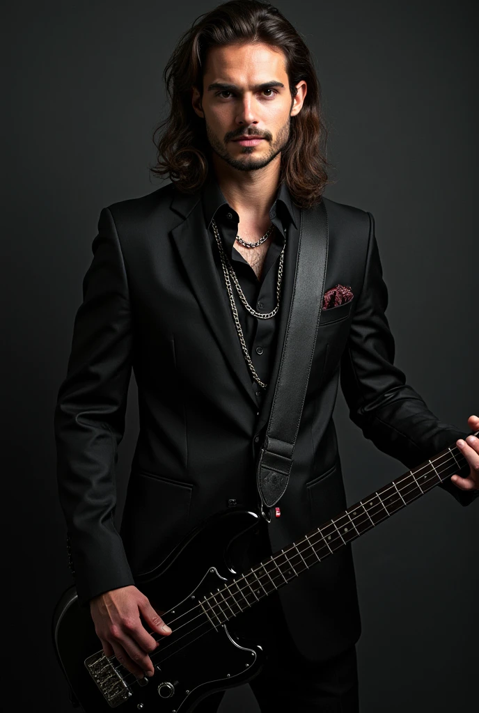 Handsome guy with long hair dressed in black suit with a black guitar and chains