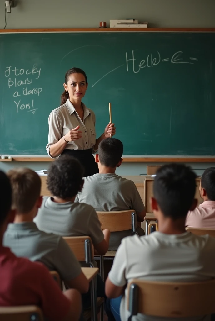 a teacher at the blackboard, standing teaching a class of light-skinned students