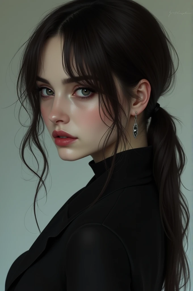 Make a picture of a brunette woman, with hair a little below the shoulders, with a low ponytail, of short stature, with completely black eyes and an unfriendly smile