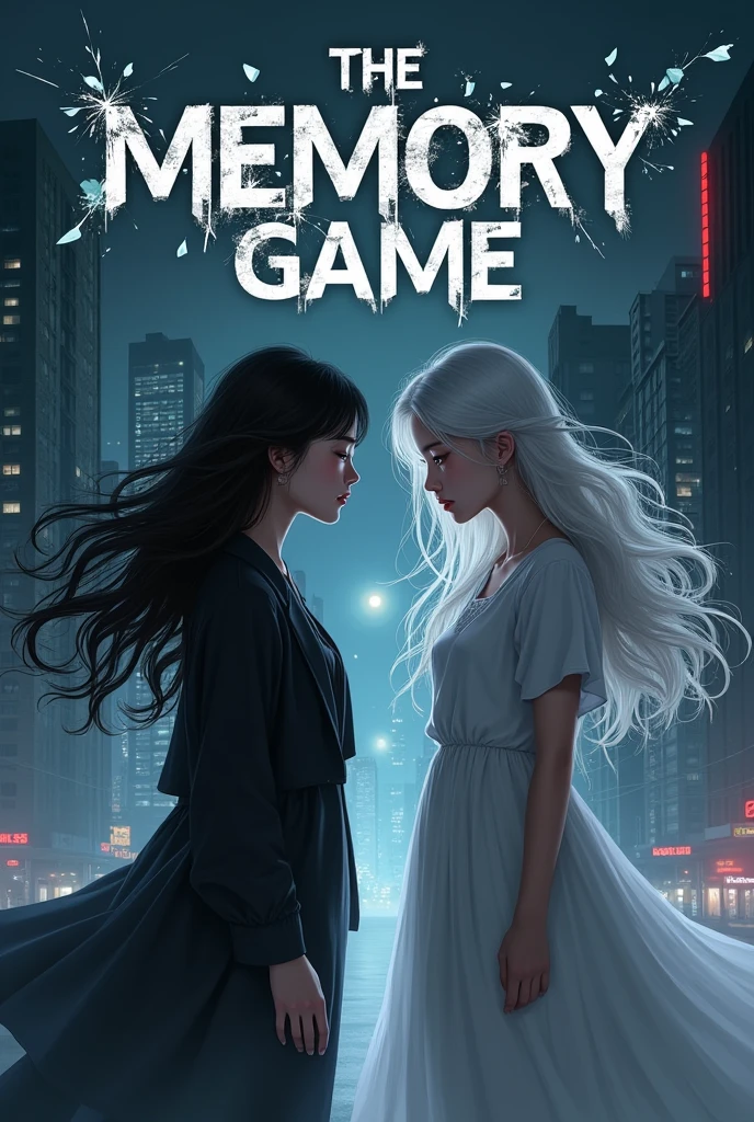 Sapphic fanfic cape creator:
Description of the cover:
Scenario: The cover would have a night city as its background, with partially illuminated skyscrapers, suggesting an urban and mysterious atmosphere. A soft haze would cover the bottom of the image, adding a touch of suspense.
Personagens:
Eun-ji would be in the spotlight, on the left side of the cover. Your face would be partially illuminated, with a confused and determined expression. Her long black hair would be loose, fluttering gently in the wind.
Ji-won would be on the right side, facing Eun-ji, with an enigmatic and slightly threatening look. Your white hair, wavy and long, would contrast sharply with Eun-ji's. She would wear an elegant dress, highlighting his calculating personality.
Additional Detail:
Memory Element: At the center, between the two characters, there would be fragments of memories floating around, like photos or pieces of broken glass, representing Eun-ji's fragmented memory. These fragments would reflect action scenes, danger and romance.
Title: The title "The Memory Game" would be at the top of the cover, in large, stylized letters, with a slightly blurred or cracked effect, symbolizing the fragility and uncertainty of Eun-ji's memory.
Paleta de cores: The color palette would be dominated by shades of black, gris, and dark blue, with touches of red, suggesting danger and passion.