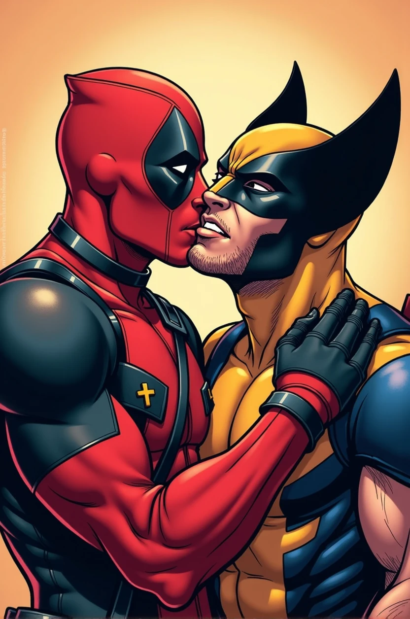 Create a vibrant, close-up comic-style illustration of Deadpool and Wolverine in an affectionate embrace. Show Deadpool gently kissing Wolverine on the cheek, with both characters displaying warmth and intimacy. Use clean lines and bold colors to highlight the contrast between Deadpool's red and black costume and Wolverine's rugged attire. The background should enhance the tender mood, using soft, warm hues to create a cozy, loving atmosphere.