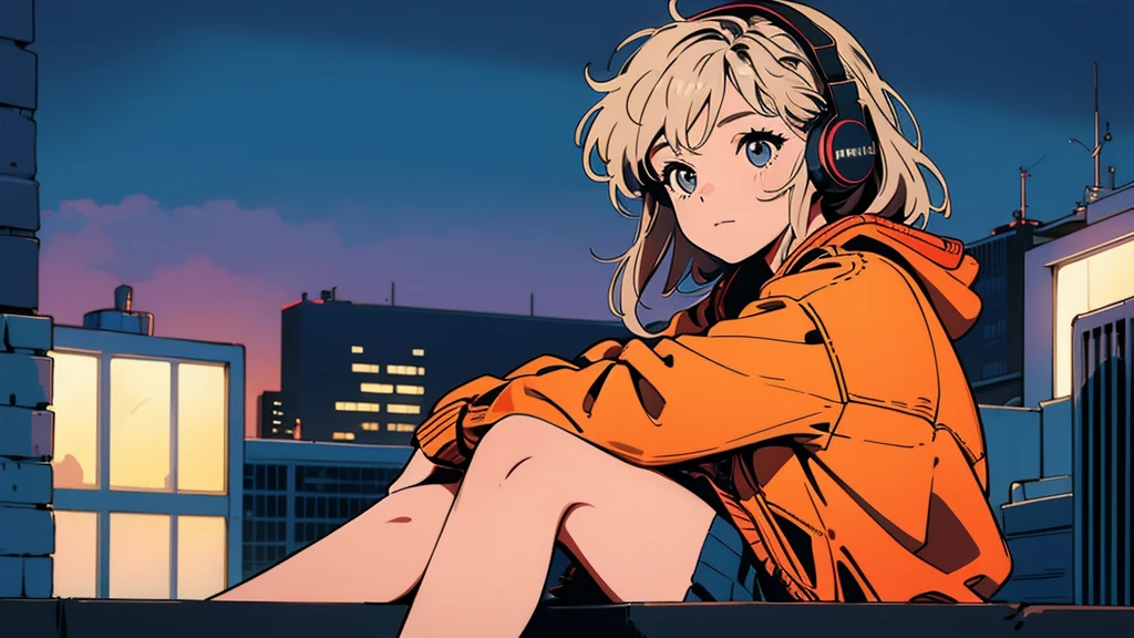 A girl sitting on a rooftop, overlooking the city at dusk, with headphones and a relaxed, content expression.