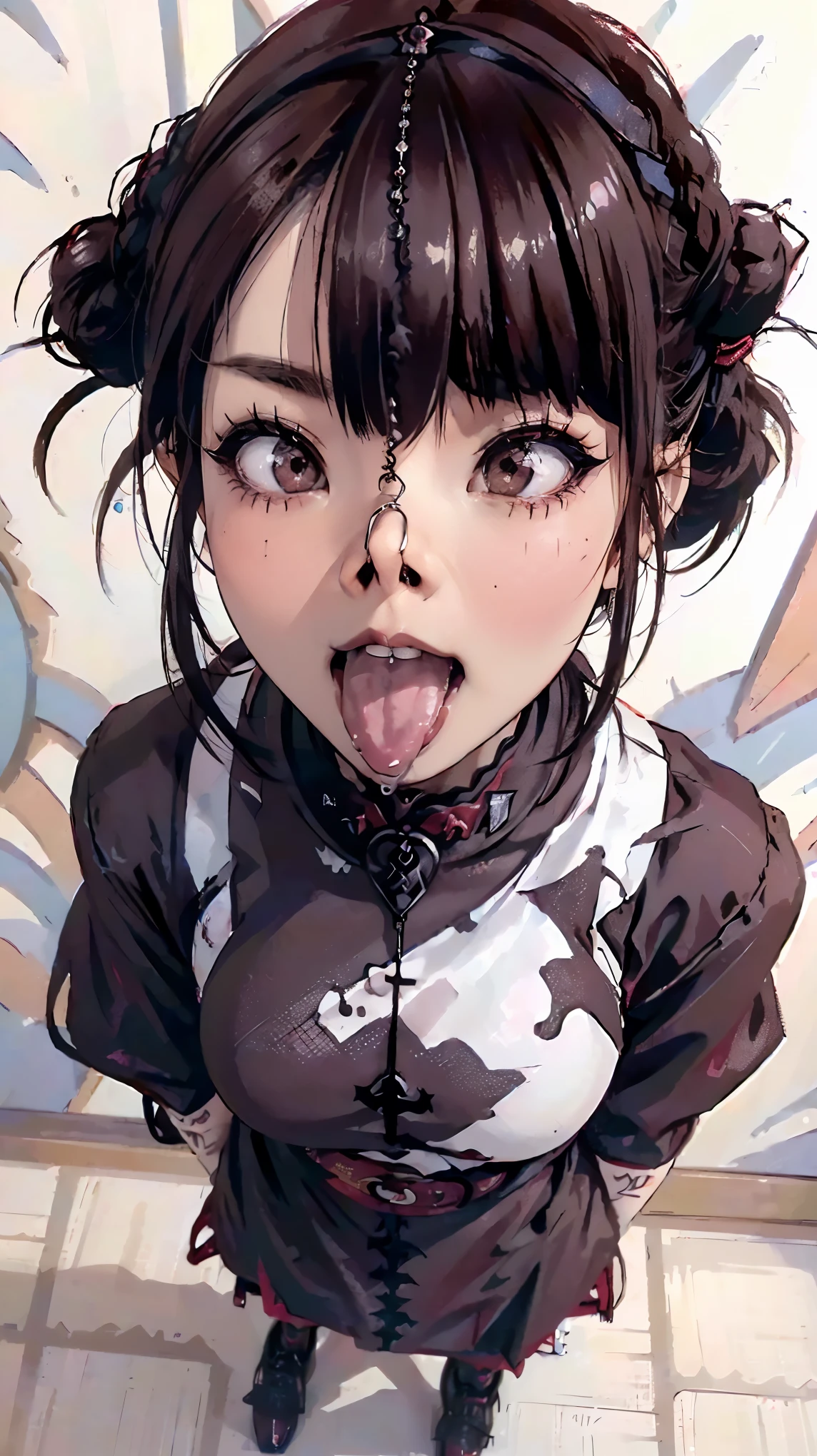 masterpiece, Highest quality, Highest quality, Realistic, (Close up on face, Sticking out a long tongue, Ahegao, Nose hook, Drooling:1.3), (beautiful girl, happiness, smile, Eyelash extensions, Gal Makeup), (Brown Hair, Bun Hair:1.3), (A red Chinese dress with a gothic punk twist:1.3), (Stand up with legs apart:1.3), (It is photographed from above:1.2)