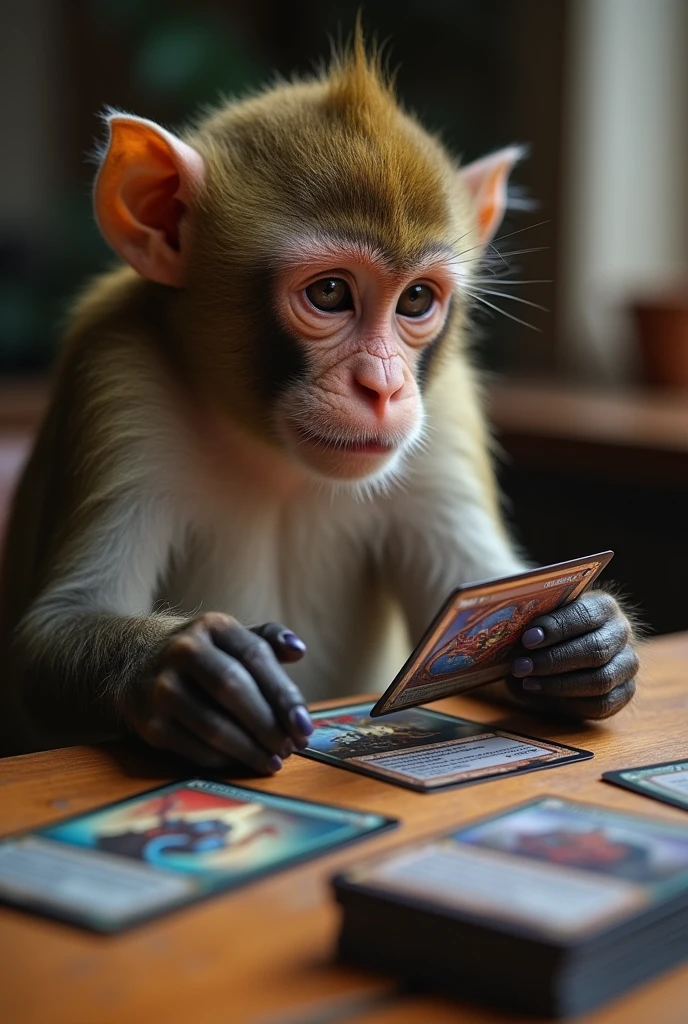 A very focused monkey playing with Magic the Gathering card games, which are strategy games. The monkey has creature and monster cards on the table and prepares to summon a card on the table.. The monkey has several cards in his hand and on the table there are several cards stacked in a single deck.