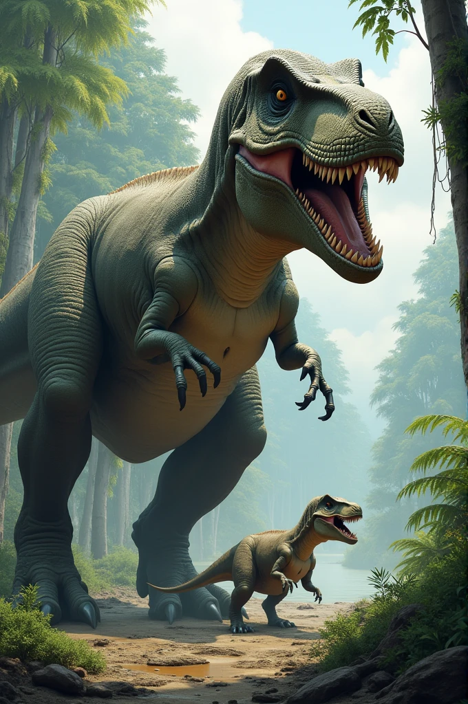 Please draw a picture of a big Tyrannosaurus and a little Tyrannosaurus together.