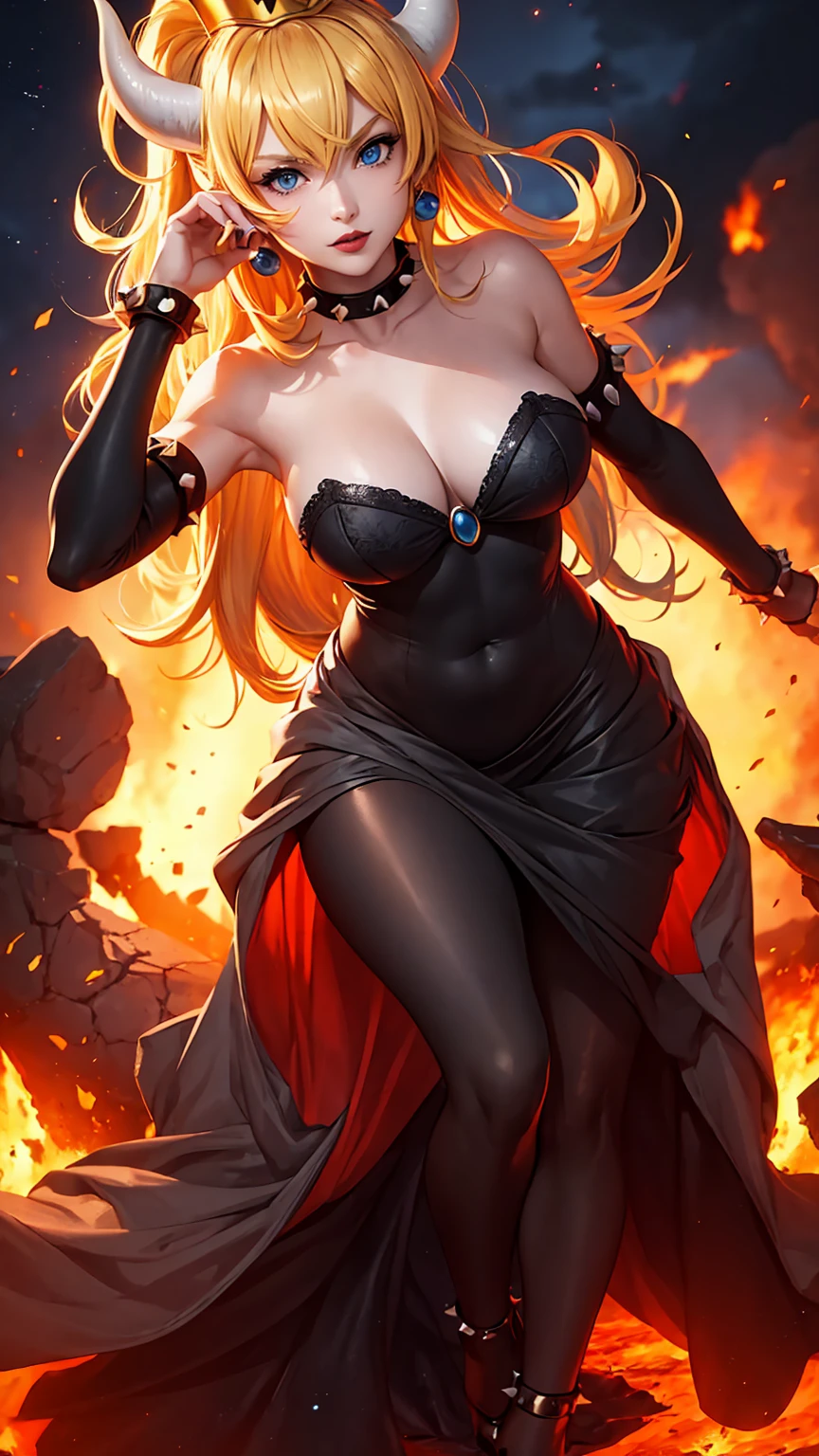 ((high detailed, best quality, 4k, masterpiece, hd:1.3)), ((best quality)), (((HD))), (((8k))), (ultraDH), (ultra HD), Princess Daisy, blue eyes, BREAK blue eyes, seductive, attractive, smooth anime cg art, 36C breasts, long legs, vivid colors, detailed digital art, slim body, perfect skin, dark blonde hair, long hair, blonde hair, blonde hair, BREAK crown, cleavage, 36C cleavage, looking at viewer, BREAK looking at viewer, extremely detailed face, red santa suit, red santa claus suit, santa claus suit, earrings, gem, dark black makeup lips, dark gothic eyeshadows, dark eyeshadows, black eyeshadows, black sexy lips, black lips, (dark:1.2), dark lips, very dark lips, (perfect hands, perfect anatomy), black makeup, black medium lips, black thick lips, detailed fingers, five fingers per hand, 5 fingers, (1 girl), detailed lips, detailed black lips, black painted lips, gothic painted lips, BREAK night, night sky, (breast focus), (arms outstreched:1.2), (from above:1.1), (breasts out:1.3), (off shoulder:1.1), (white horns), (bra), inside a lava castle, she inside a sea of lava, she bathing in lava, full body, perfect long legs, perfect foots, legs and foots into the lava,