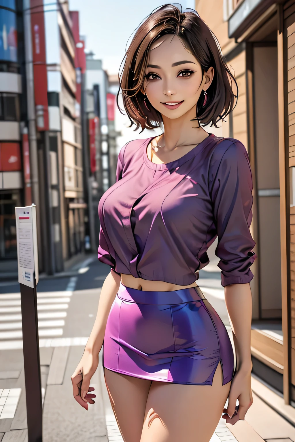 (1 The Ultimate Beautiful Mature Woman), Very detailedな顔, Beautiful brown eyes, double eyelid, Slightly thick detailed lip, Short black hair, (Light purple blouse:1.2), (Red tight mini skirt:1.4), Large Breasts, smile, Thighs, Perfect lighting, (Realistic:1.4), (Very detailed), (Highest quality), (Best Shadow), (masterpiece), Ultra-high resolution, With background: ((Ginza Art Gallery, Tokyo))