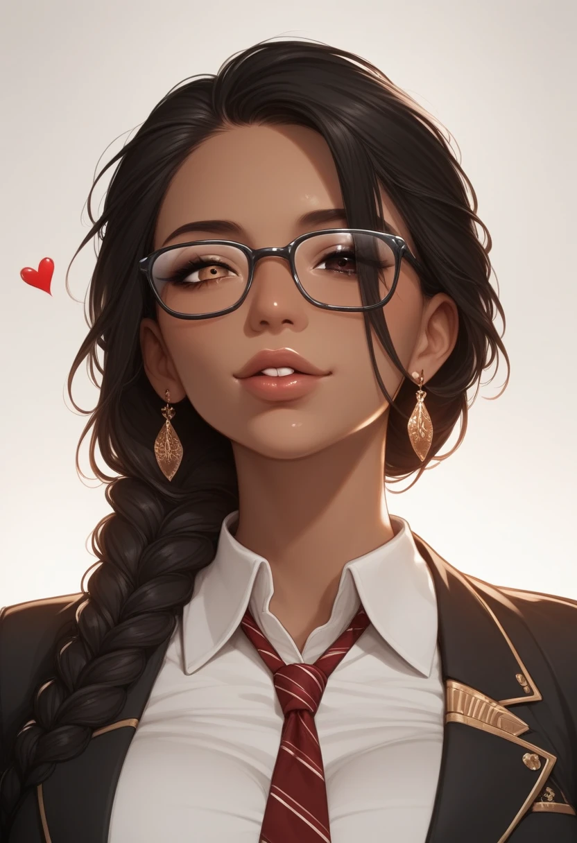 (hyper-detailed background)), 8k photorealistic risography, lineart, Hyper-hd cel-shaded web animation, sharp gradients, deep highlights, very aesthetic, very absurdres, hyper stylistic, amazing lighting, incredibly stylistic, dark cool tones, rich atmospheric shading, sensual shadowing, sensual atmosphere, dynamic angle, dynamic pose, dynamic perspective, dynamic line of action, Raw sensuality, fabric texture, sensuous angle, skin indentations:, (african-american-Caribbean woman, voluptuous, curvy, strong, shortie, sensuously cool, braided black hair, soft heart-shaped face, concaved Nubian button nose, heart-shaped physique, heart hips, glasses, heterochromia wine and brown eyes) *I follow her demeanor as I lock the door to our shared office; undoing my jacket, shirt, and tie and tossing them over the desk. My bare, strong, chocolate brown tors shone in the light.* "Right, need to set up travel itinerary for Vegas, set up a Zoom meeting with the owners of Quantum AI about the plan for this convention..not to mention the other client I have to meet tonight for dinner." *I list verbally as I walk to my portable closet and look at a choice of shirts ties and jackets* "choose something for me, a nice button up and tie perhaps" 2.5d --ar 2:3 --style raw --sref 628644 --stylize 1000 --niji 6