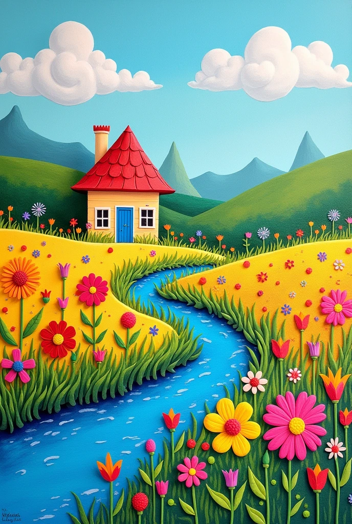Field painted in crayons with a house, few flowers and a river with a landscape in the background. Simple and easy drawing to paint.