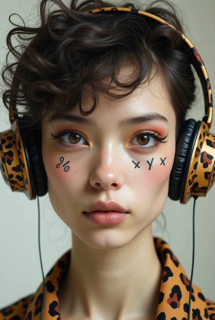 (photorealism:1.2), androgynous half-man half-woman with almond eyes in the left eye a xy, in the right eye a xx ,frizzy hair and pale complexion who wears a leopard pattern headphones that has on one ear the yin and yang and on the other ear drawing of a note