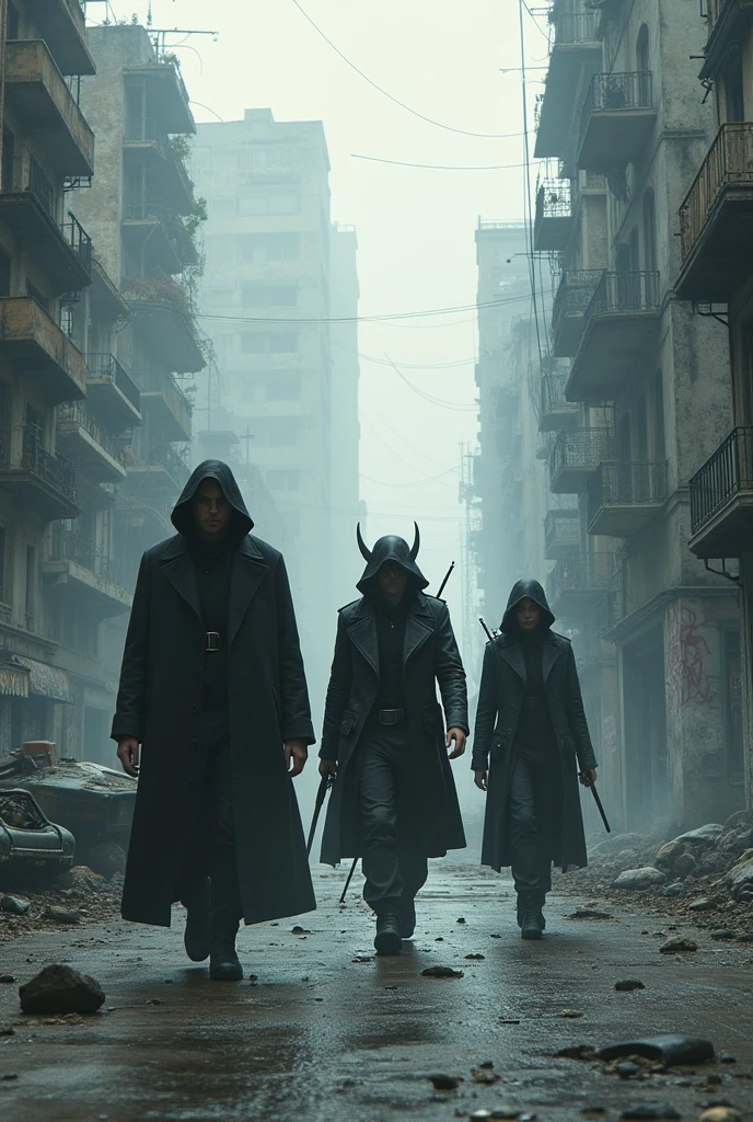 Scene:
The three characters—Master, Judas Cain, and Piraña—walk through a desolate urban landscape. The streets are littered with debris, and the skeletal remains of bombed-out buildings loom around them. Master leads, his posture cautious and alert, while Judas Cain watches their surroundings with a soldier’s precision. Piraña follows closely, her eyes sharp and calculating. The atmosphere is tense, the silence only broken by the distant echoes of war. The sky is overcast, casting a cold, gray light over the scene.
Characters:
Master: He moves with a deliberate caution, every step measured as if anticipating an ambush. His eyes constantly scan the environment, betraying his experience in navigating dangerous territory.
Judas Cain: Always one step behind Master, Judas Cain mirrors his vigilance but with a colder, more analytical demeanor. He seems almost detached, yet there’s an underlying tension in his movements.
Piraña: Walking slightly behind the two men, Piraña’s posture is relaxed but deceptive. Her eyes miss nothing, every shadow and movement carefully analyzed. There’s a subtle grace to her stride, a predatory elegance that hints at her dual nature.
Setting:
The streets are a maze of ruins, with partially collapsed buildings forming a broken, chaotic skyline. Burned-out cars and debris fill the avenues, while graffiti and war marks cover the walls. The city is empty, the wind whistling through the remnants of what was once a vibrant place. The overcast sky adds a layer of oppression to the atmosphere, creating a sense of coldness and despair.
Aesthetic References:
The scene draws from the chaotic urban environments of Tekkonkinkreet, combined with the stark, dystopian landscapes of Ghost in the Shell. The cold, oppressive mood mirrors the tension in Akira.