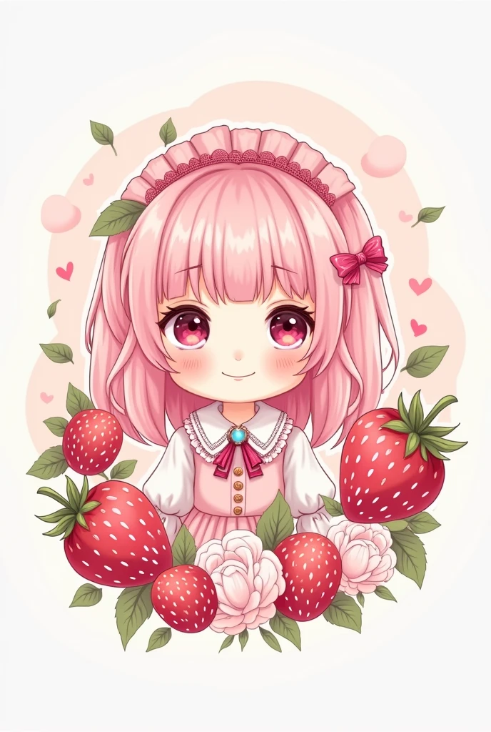 Create a logo for a brand called "Lulumu Store" that has pink colors, red , white, Strawberries drawn around and a girl with pastel pink hair dressed as a lolita