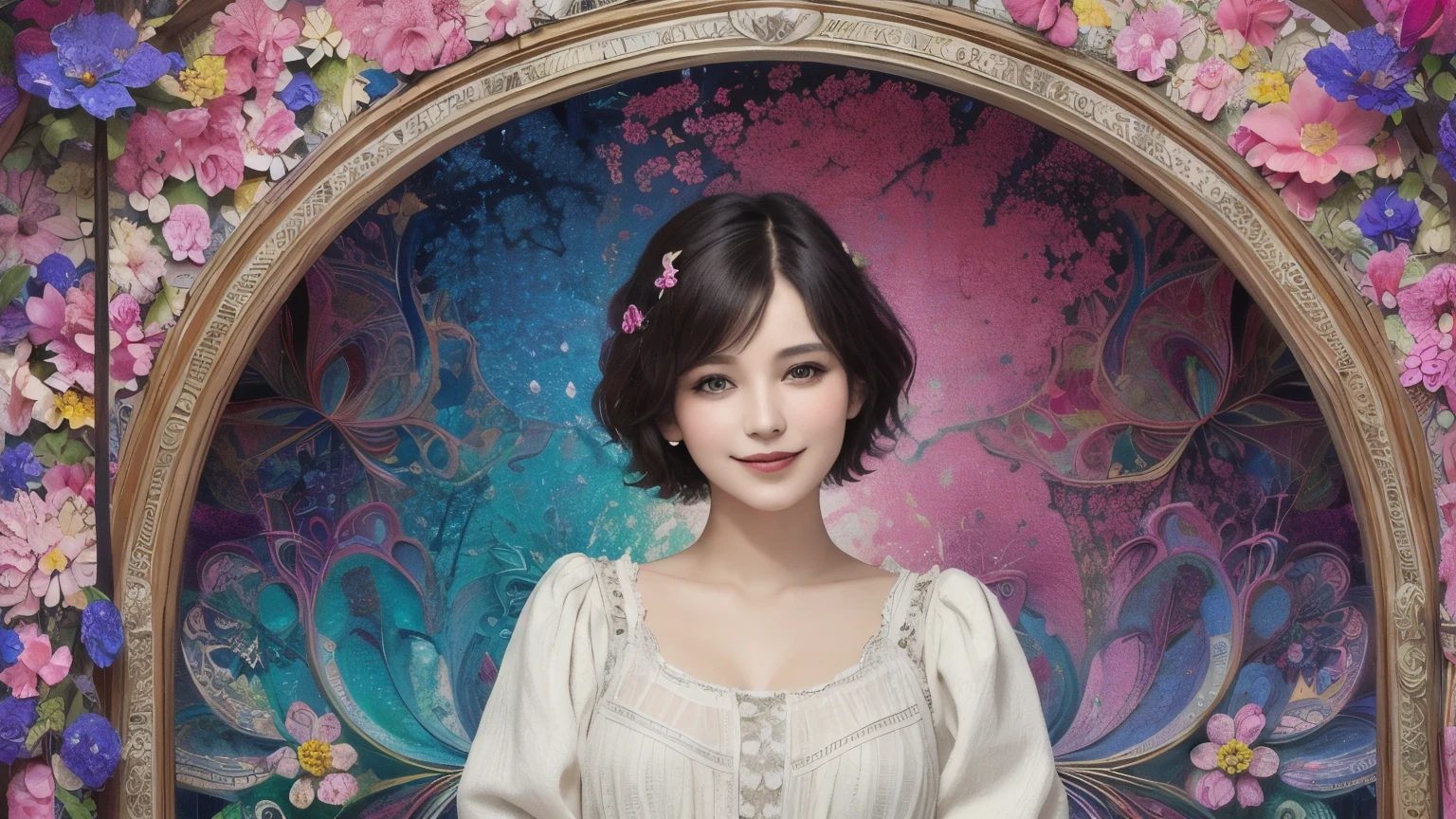 271 (20-year-old woman,short hair), (masterpiece, Highest quality, beautiful:1.2), Very detailed, (Fractal Art:1.1), (colorful:1.1), (flower:1.3), whole body, (Abstract background:1.3), (Many colors:1.4), (Old-fashioned smile), (window)