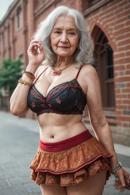Cute Friendly Old Elderly Granny She Personifies Seduction, Big Cleavage, Cute Embroidered Ornate Camisole Mini Skirt with details, Layered Bracelets, Standing Intricate Detailed Brick Building, Stunning High-Quality Ultra High-Definition 8K RAW Color Photo by FujiFilm X-T5, Film Grain Effect, Detailed Composition, UHD, Best quality, (masterpiece:1.2)