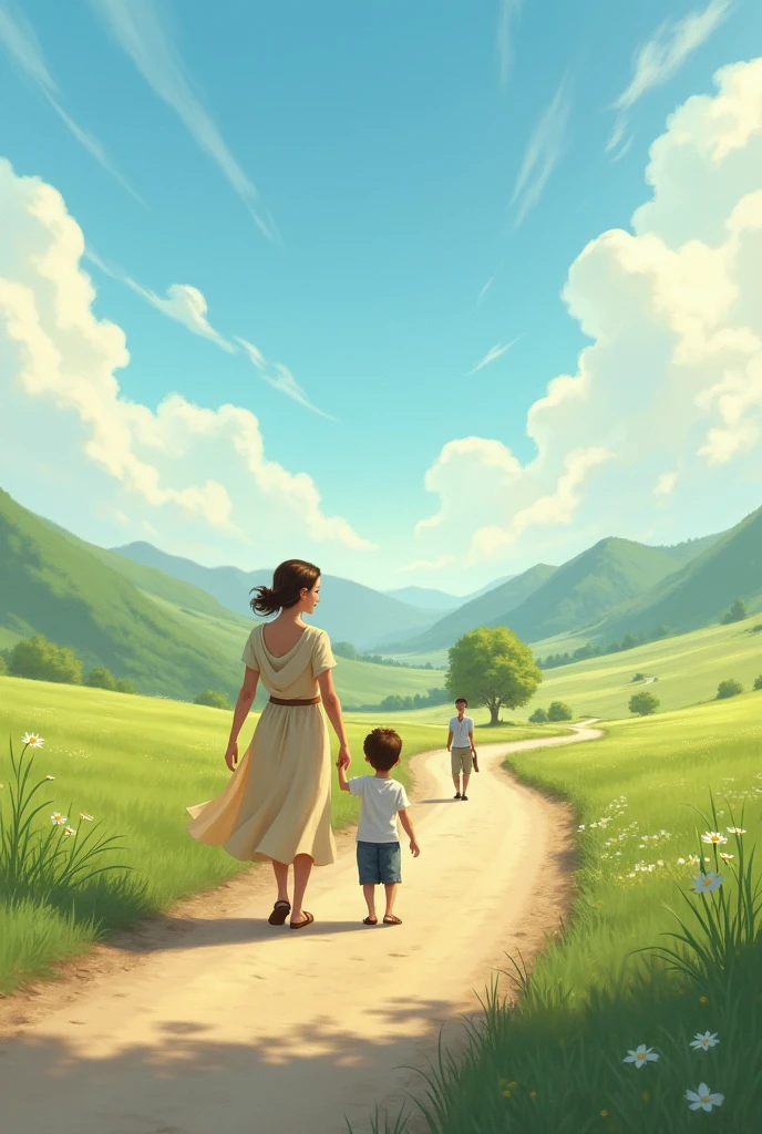 Create a woman with her son walking along a road and her husband watching her go