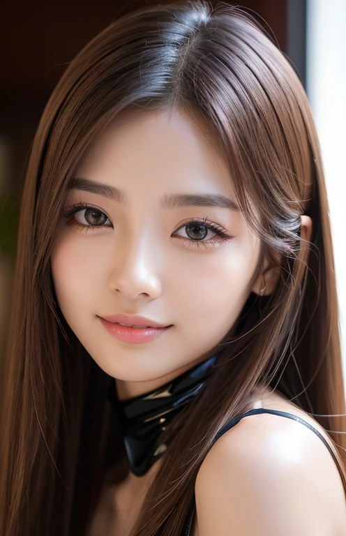 Latex bodysuit、Knee-high boots、Huge 、Long brown hair、Shiny, Oily skin、Glowing Skin、Indoor competition pool、White skin、(RAW Photos), (Realistic), (masterpiece), (Highest quality), High resolution, 8k resolution, (Intricate details), (Lightweight and voluminous), Portraiture, woman, Medium Hair, Straight hair, Layered Hair, Brown Hair, Highly detailed eye, Very thin eyebrows, Highly detailed skin, Highly detailed mouth, Highly detailed nose, Cute like an idol, smile, ((Thick lips)), ((look into the viewer'eye)), (Shapely breasts), (Cleavage), , (Westshot), Bright cafe terrace background with city view, Randomly oriented bodies