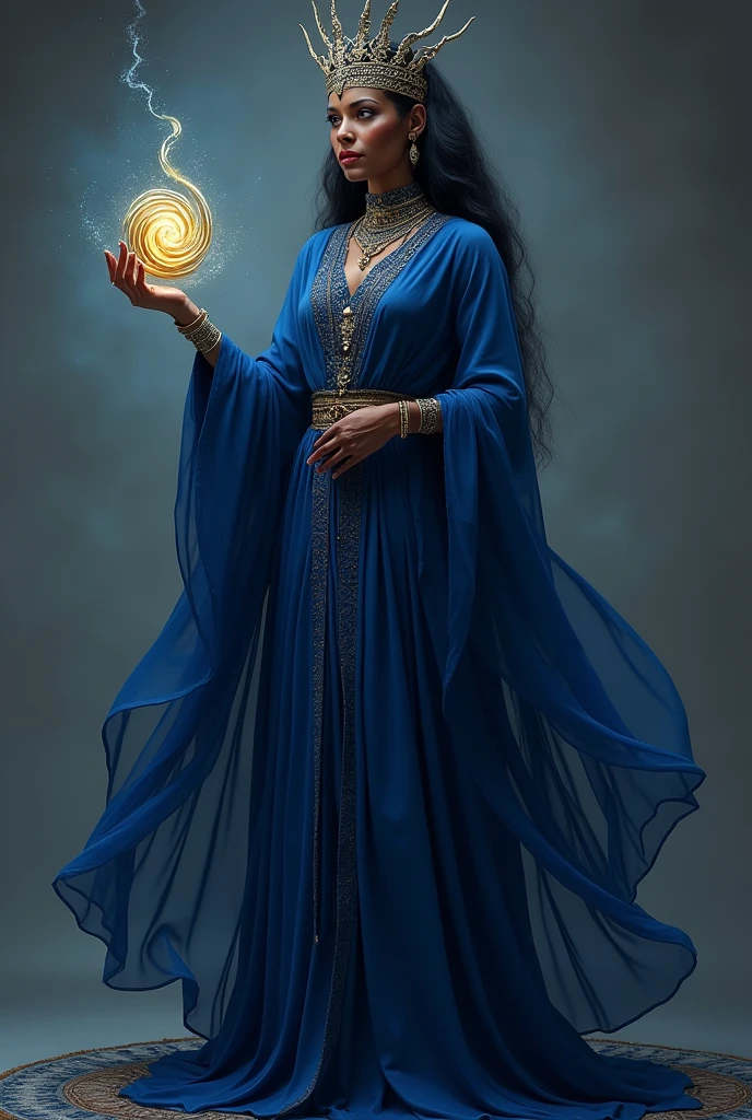 Orisha woman dressed in dark blue with a shiny spiral in her hand, uncrowned...