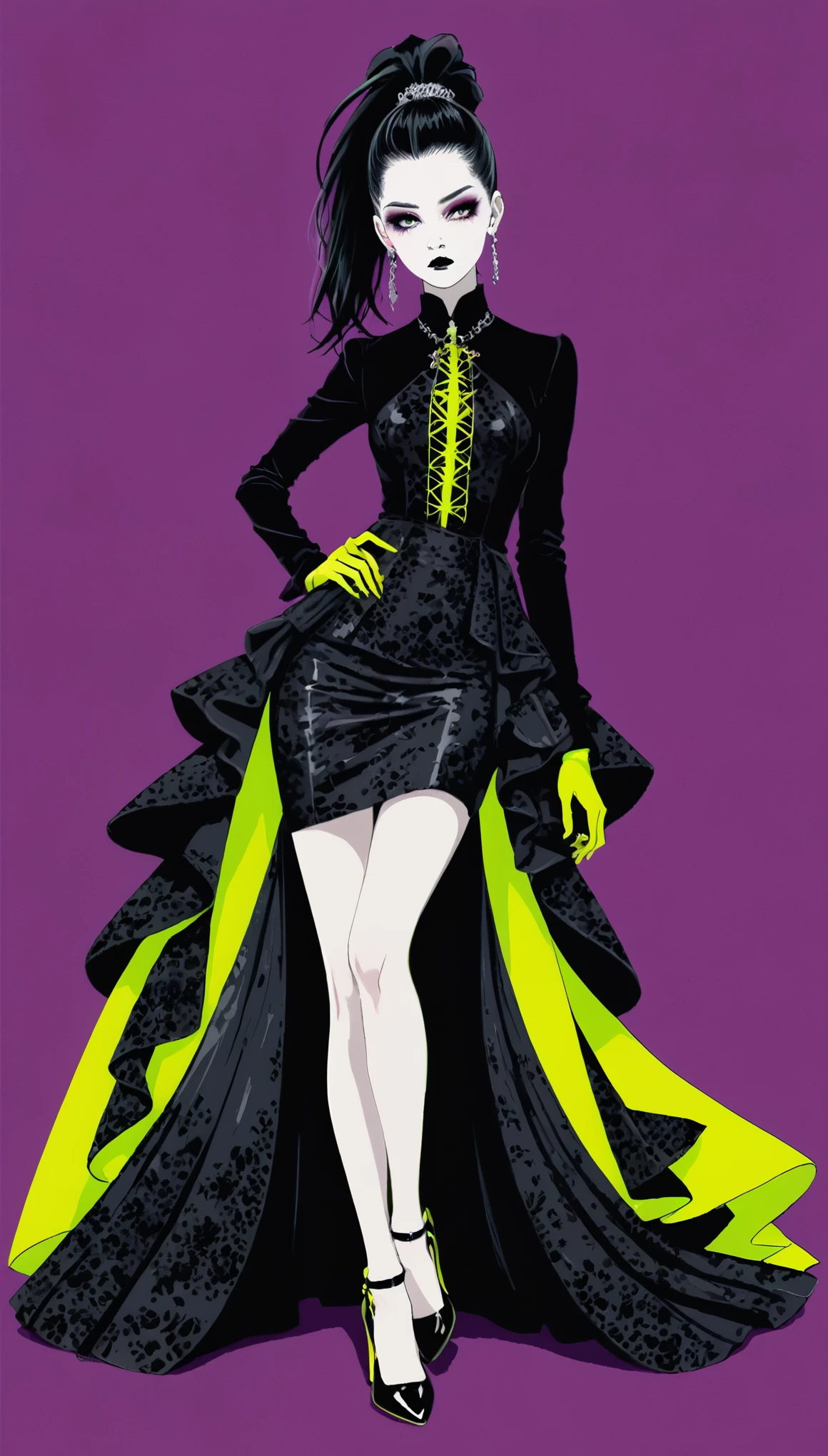 in style of Santiago Caruso,in style of Hans Hartung,in style of Carolina Herrera
1girl,character concept design,half body,high tied Ponytail,(gravure_pose:1.6),leaning forward,goth style clothing accessories,lively dynamic color matching,unique tailoring carolina herrera style,gorgeous,noble,extreme fluorescence gothic aesthetics,incredibly long hair,the ultimate mercury heels,corresponding color of the background