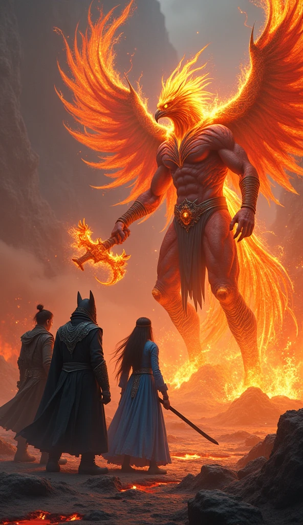 "In a dramatic battleground with swirling flames and molten lava, the majestic Phoenix, glowing with rejuvenating flames, stands alongside Vortex, wearing a long black coat and wielding a dark sword, and Mirage, dressed in a blue robe with intricate silver embroidery and holding an ancient magical staff. They face off against the Hellfire Demon, a towering figure wreathed in searing flames with charred, cracked skin and molten lava flowing through the fissures. The Hellfire Demon wields a flaming whip and a massive, burning axe, creating a scene of intense confrontation as he battles the Phoenix, Vortex, and Mirage."
