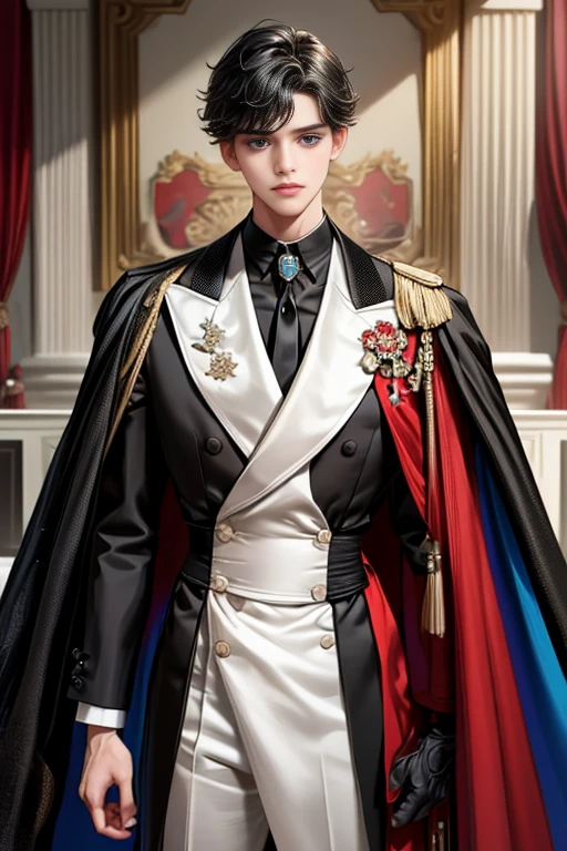 masterpiece, 最high quality, high quality, 1 boy, alone, Male focus, Watching the audience, Messy black hair, Adorable big blue eyes, White, Noble, Noble,A sexy, voluminous, puffy cape、tuxedo、A very voluminous, large, very large, very large, long, long red and black cape with a high stand-up collar, made of a lot of fabric that reaches down to the floor., 17 years old,Cute beautiful boys,Cute, cute, kind, handsome guy