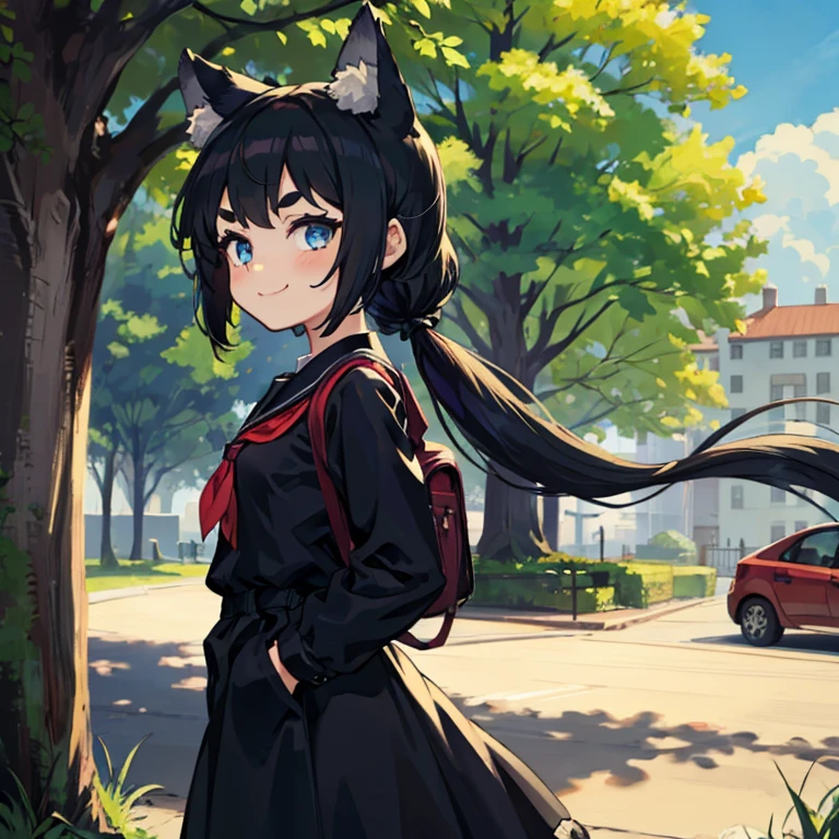 Young girl with black hair, long twintail, twintail hairstyle, (blue eyes), ((small bushy eyebrows)), (wolf ears up), wearing gothic ta, loliclothes, going to school, dull eyes, dull face, going to school, flirtatious smile, small and perky breasts, in a park
