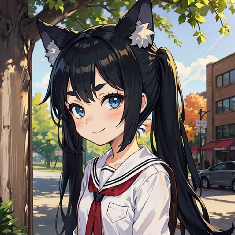 Young girl with black hair, long twintail, twintail hairstyle, (blue eyes), ((small bushy eyebrows)), (wolf ears up), wearing gothic lolita, lolicon clothes, going to school, dull eyes, dull face, going to school, flirtatious smile, small and perky breasts, in a park