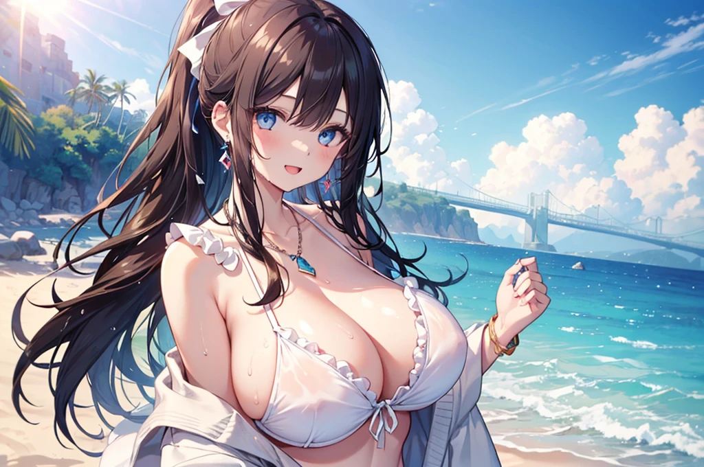 (((girl kawaii))), (a Very delicate and beautiful girl),,(Huge breasts:1.3), ((Ultra-fine illustrations)), (Very delicate and beautiful), charactera girl, Please raise your hand, Wet, girl, age girl, Flowing Hair, (High Ponytail), (Long dark brown hair), Beautiful and fine hair, Very beautiful and detailed anime faces and eyes, (smile), Intricate details、Beautiful and delicate eyes, Bright Eyes, Open your mouth, Cleavage, Pale blue eyes, White skin, Frills, Hair Ribbon, Earrings, Gemstone Necklace, bracelet, (White Bikini), cardigan, Wet clothes, Open Court, White clothes, (Beach), (blue sky), sunlight, Backlight, Highly detailed light, ((Absurd)), (((wallpaper 8k CG))), masterpiece,